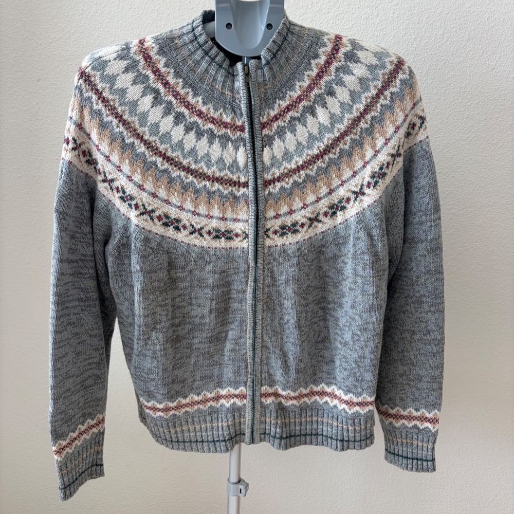 Tiara International Zip Up Cardigan Women Large Gray Fair Isle Nordic Sweater
